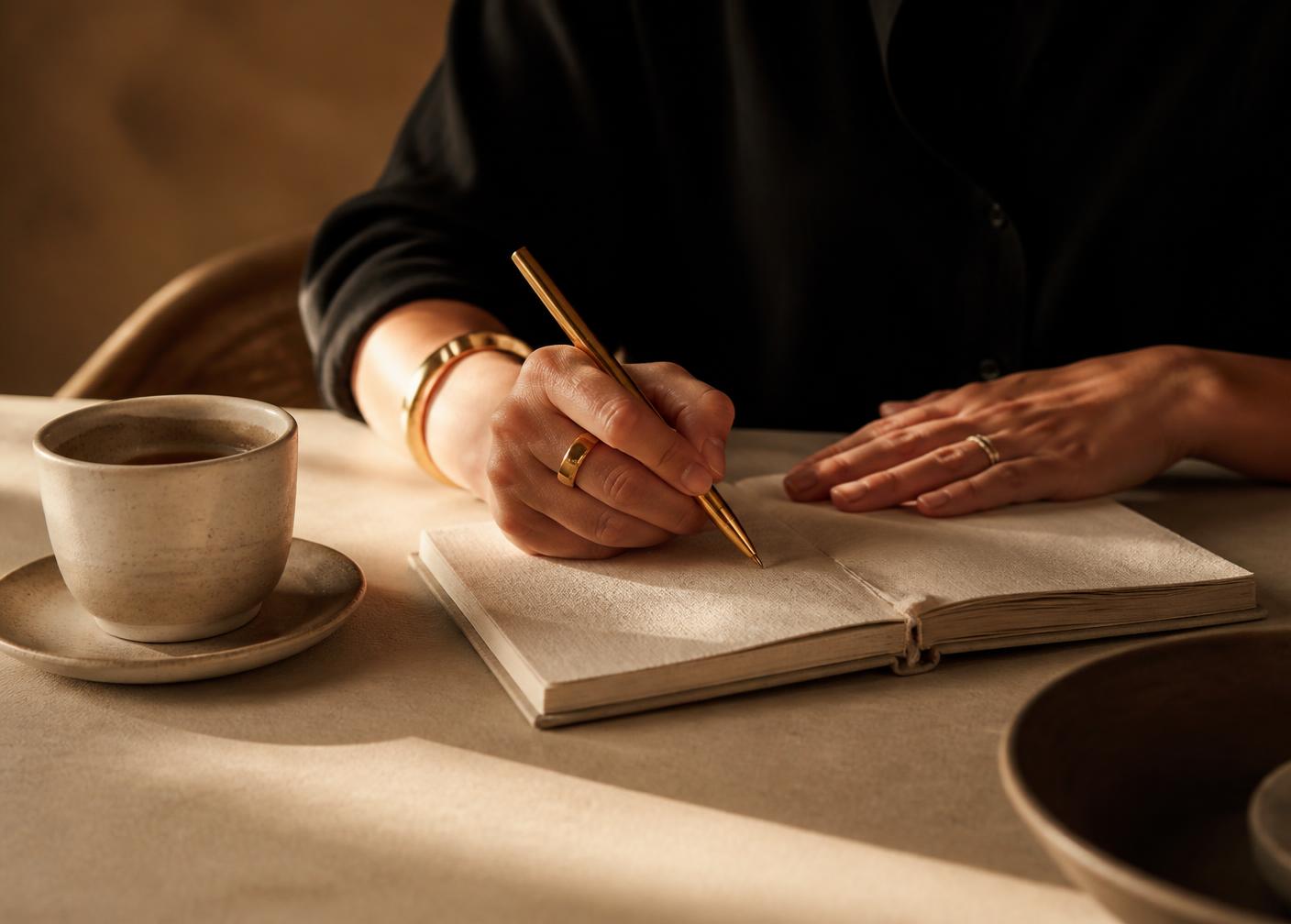 Hands writing figures in a notebook beside a cup of coffee